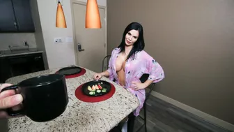 Black-haired momma gets stepson's attention and his thick throbbing cock