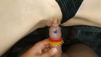 Amateur wife got her cunt stuffed with a condom condom with thorns