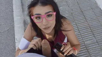 Spanish cutie with glasses polishes stranger's XXX dick outdoors