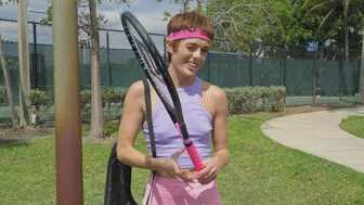 Young tennis woman feels shy because of man inviting her to his XXX bus Young tennis woman feels shy because of man inviting her to his XXX bus