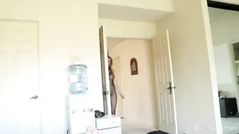 POV scene with beauty in fishnet outfit taking cock in shaved twat