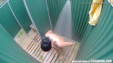 Czech hidden cam: brunette girl takes shower after swimming