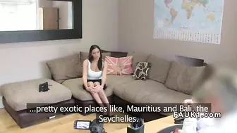 Sexy woman with natural tits owned by casting agent on the couch