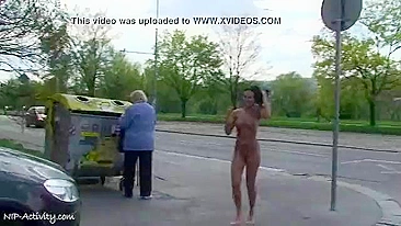 Red-haired and brunette girls walk around city totally naked