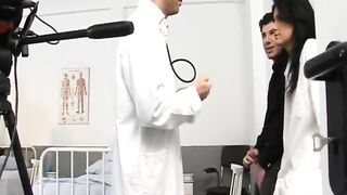 Behind the scenes video of brunette nurse and two guys