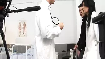 Behind the scenes video of brunette nurse and two guys