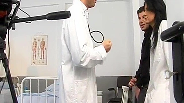 Behind the scenes video of brunette nurse and two guys