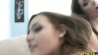 Two insatiable bitches start playing with a dildo then stallion joins them for hard anal threesome