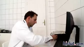 Doctor stretches blonde's holes with sex toy and gives cock Doctor stretches blonde's holes with sex toy and gives cock