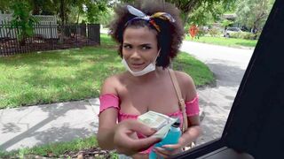 Ebony teen with natural XXX tits jumps in van to earn easy money