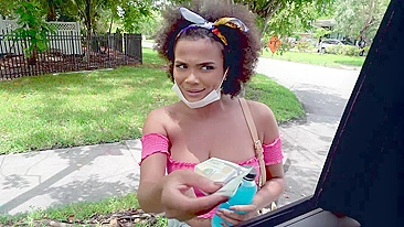 Ebony teen with natural XXX tits jumps in van to earn easy money