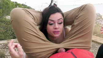 Teen stuffs ass wit butt plug and gags on XXX rod by the railroad