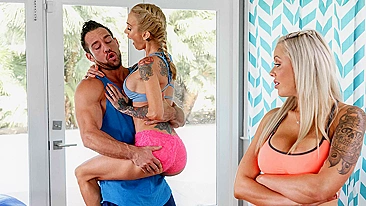 Two slutty wives have some fun of their own with their personal trainer