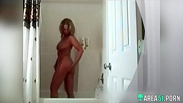 Mom gets caught masturbating in the shower, she thinks she's home alone