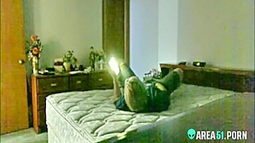 With help of camera son watches pretty mom caught masturbating on bed