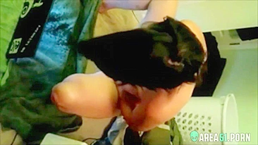 Son catches mom masturbating while she is sitting naked near laptop