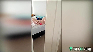 Curious brother opened the door and caught his sister masturbating