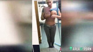 Blond mom with huge boobs caught masturbating after training in gym