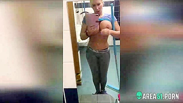 Blond mom with huge boobs caught masturbating after training in gym