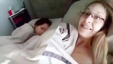 Nerdy and horny teen caught masturbating right near her sleeping sister