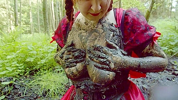 Slutty red riding hood masturbates in forest mud