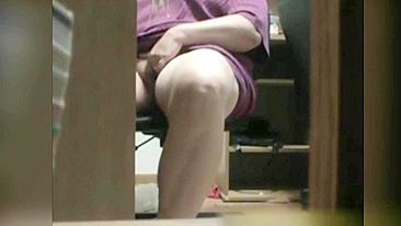 Excited BBW sits by table and gets caught masturbating on hidden cam