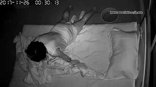 Short-haired wife caught masturbating in the midnight using pillow