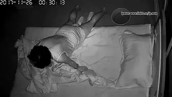 Short-haired wife caught masturbating in the midnight using pillow