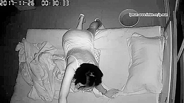 Short-haired wife caught masturbating in the midnight using pillow