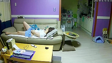 Wife cums to porn being caught masturbating in the night on couch