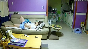 Wife cums to porn being caught masturbating in the night on couch