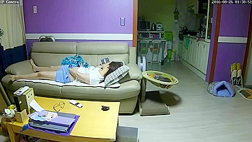 Wife cums to porn being caught masturbating in the night on couch