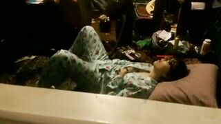 Nerdy sister in pyjamas caught passionately masturbating on her bed