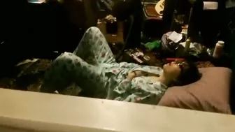 Nerdy sister in pyjamas caught passionately masturbating on her bed