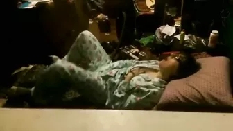 Nerdy sister in pyjamas caught passionately masturbating on her bed