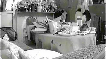 Wife is caught masturbating on husband's black and white hidden camera