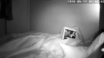 Curly-haired wife caught masturbating while watching porn in bed