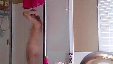 Sister is caught masturbating in shower cabin by her perverted brother