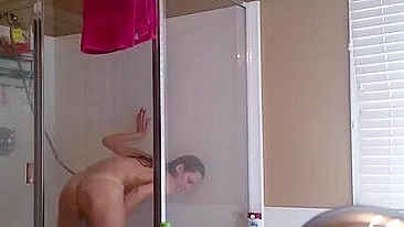 Sister is caught masturbating in shower cabin by her perverted brother