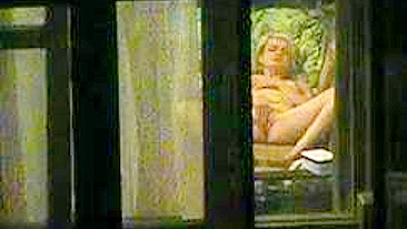 Blonde wife caught masturbating near window by perverted neighbor