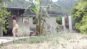 I caught my neighbor wife naked masturbating with a water jet in the back yard