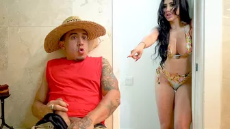 Busty diva catches neighbor jerking off and gives him XXX blowjob