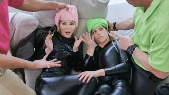 Two mischievous young babes swap dads and suck their cocks seductively