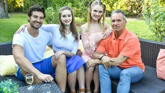 Barely legal teens with small tits pleasuring their dads on the couch