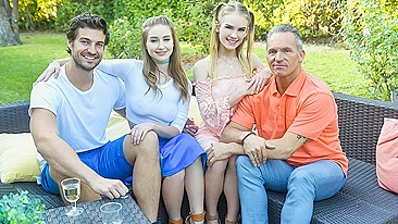 Barely legal teens with small tits pleasuring their dads on the couch