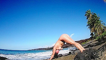 Nude yoga 15 mins in the sun on the beach love it when the waves cum