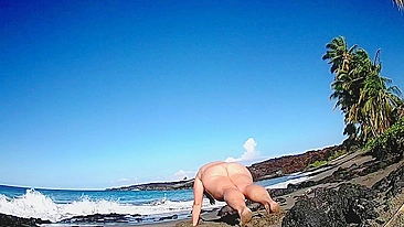 Nude yoga 15 mins in the sun on the beach love it when the waves cum