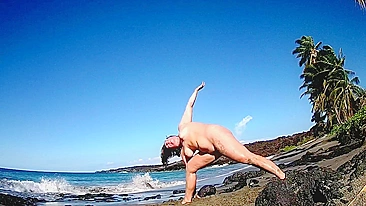 Nude yoga 15 mins in the sun on the beach love it when the waves cum