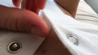 POV video of sister in white bodysuit having masturbation on the bed