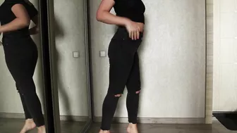 Girl tries on various jeans that touch snatch and provoke masturbation